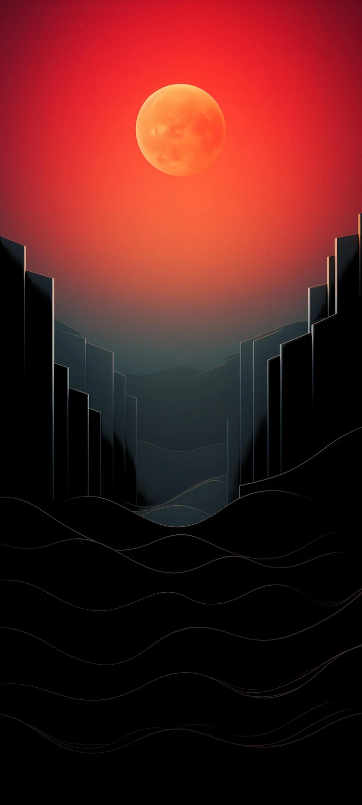 Abstract Landscape, Red Sky, Digital Art, Dark Scenery 2K iPhone Wallpaper Background (1440x3200)