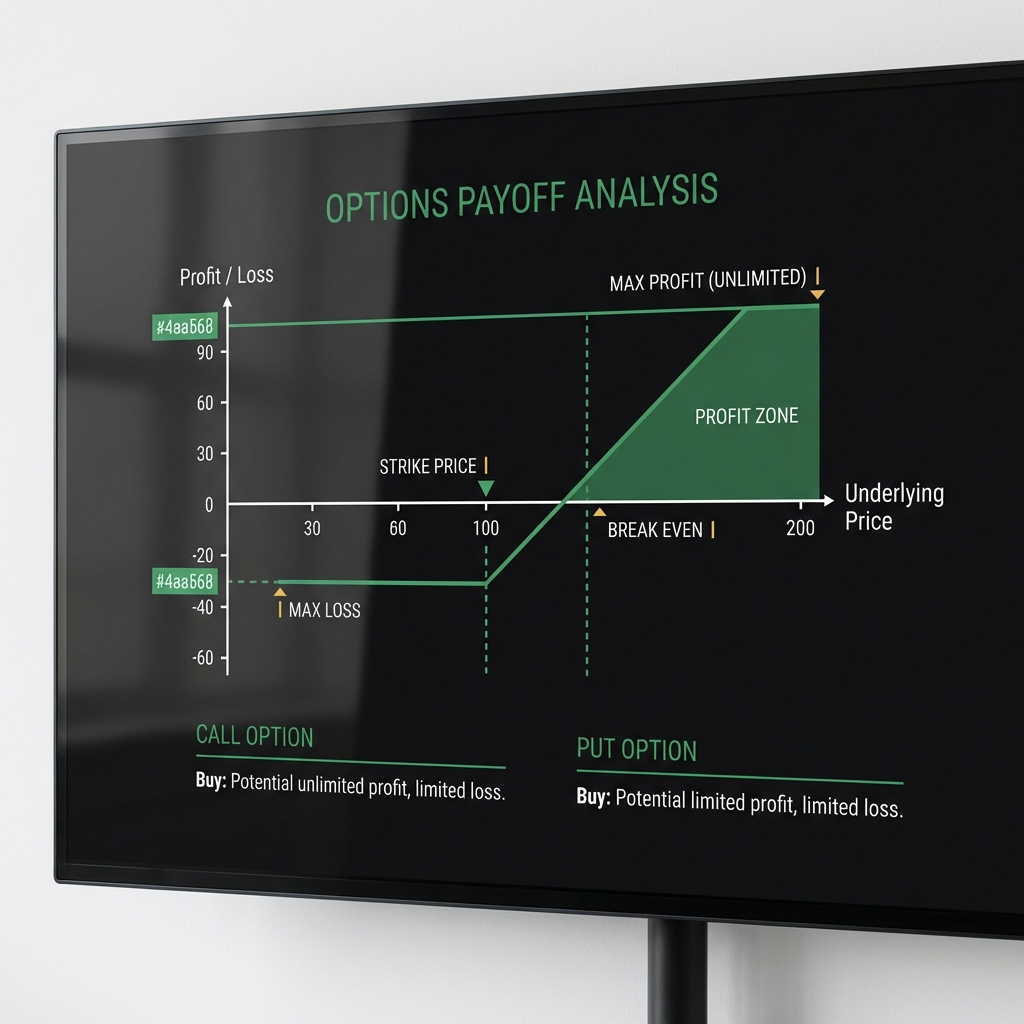 Close up options payoff chart on dark screen with labeled call and put definitions and clear annotations for trade options for beginners