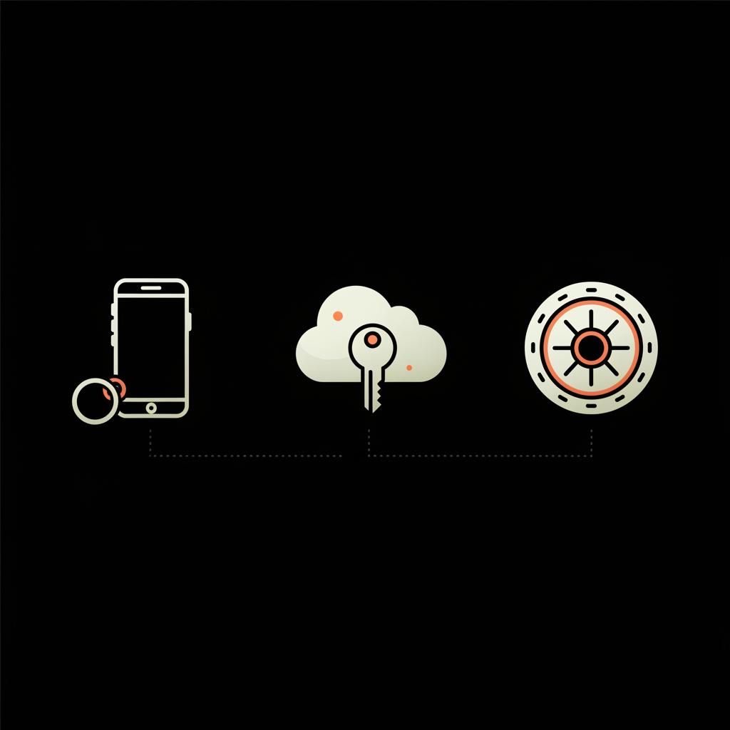 Minimal 2D vector infographic of a smartphone keychain icon, a generic cloud key icon and a secure vault icon connected by thin dotted lines on a black background — where are Gmail passwords stored