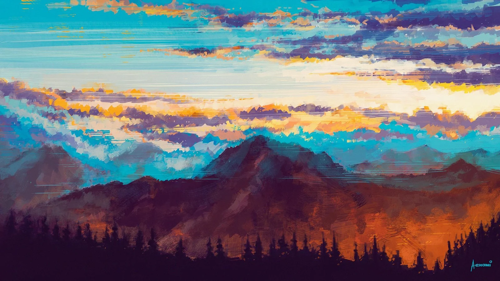 Vibrant Abstract Sunset Mountainscape - Digital Brush Painting Full HD Wallpaper (1920x1080)