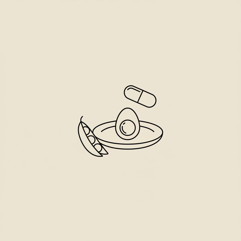 Minimal beige vector line illustration of a plate with an egg, pea pod and capsule representing natural appetite suppressants
