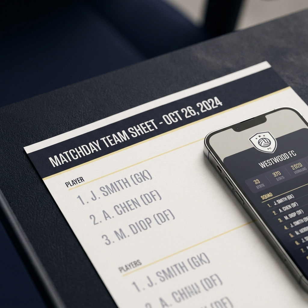 Close up of a printed matchday teamsheet beside a smartphone showing a club profile on a dark Funded Plays styled background for bournemouth v nottingham forest prediction