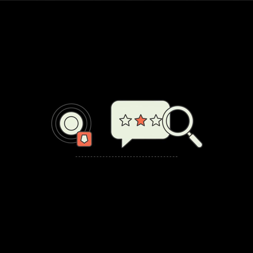 Minimal vector infographic of an abstract user token, review bubble and magnifying glass on black background illustrating how to leave Google review anonymously
