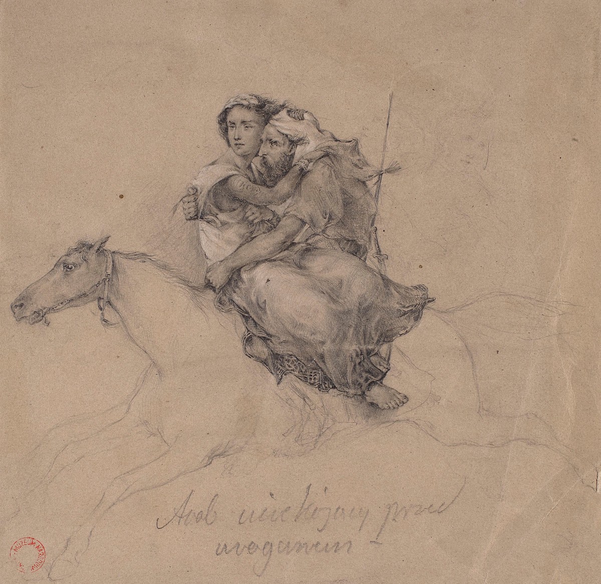 Arab and a woman running away from a hurricane on horseback 1870