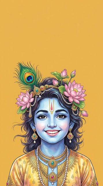 Smiling Lord Krishna with Peacock Feather and Lotus Flowers - Free mobile Wallpaper