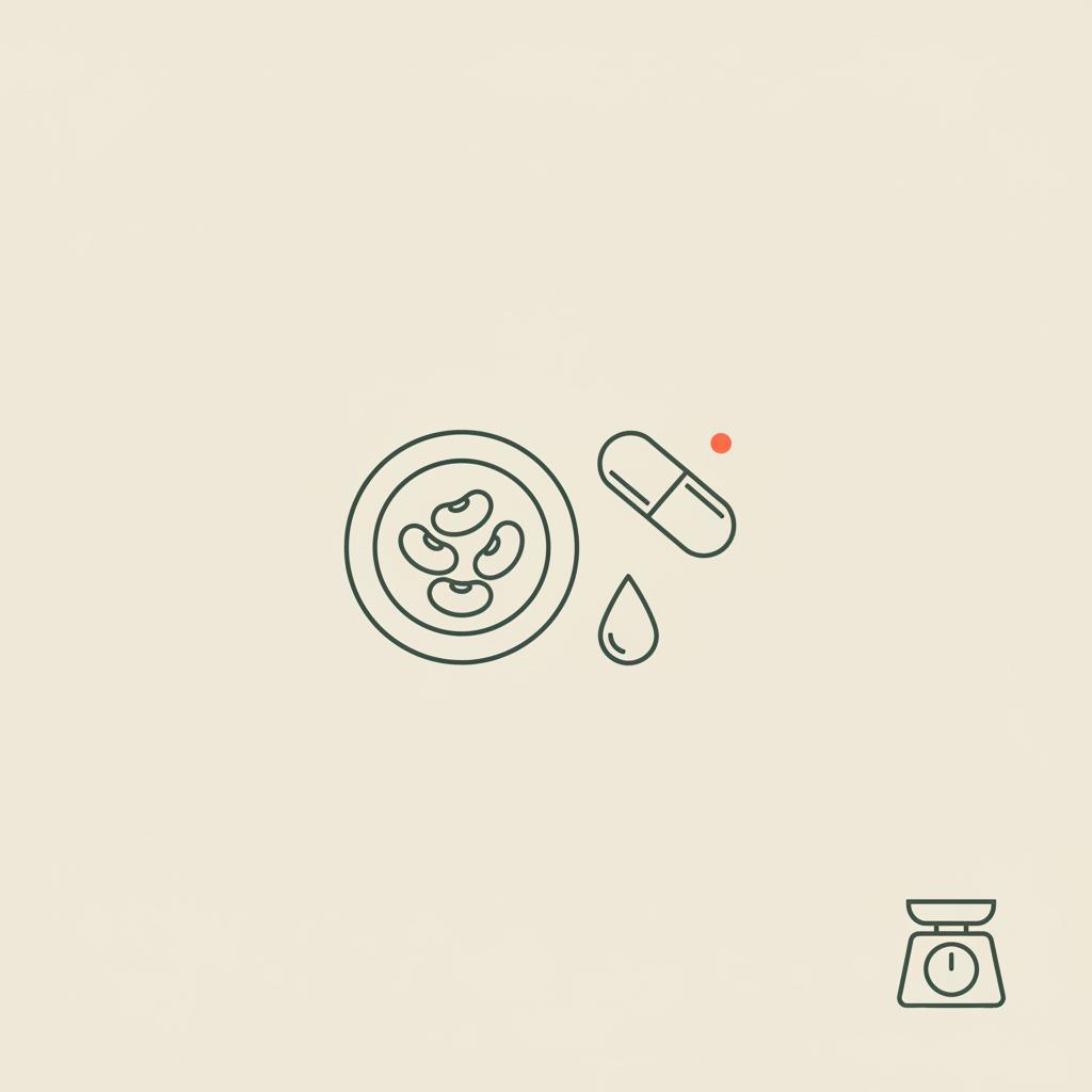 Minimal Tonum-style line illustration of a plate with legumes, a nearby capsule, water droplet and small scale on beige background — natural blood sugar reducers