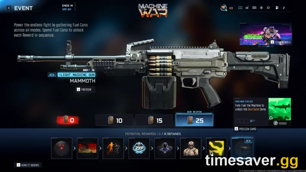 Black Ops 7 Machine of War event tab showing the Mammoth LMG reward and Fuel Can counts on the reward track