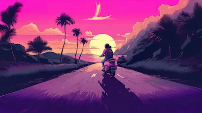 Synthetic Serenade Moped Journey With A Vaporwave Girl 4K Wallpaper Background