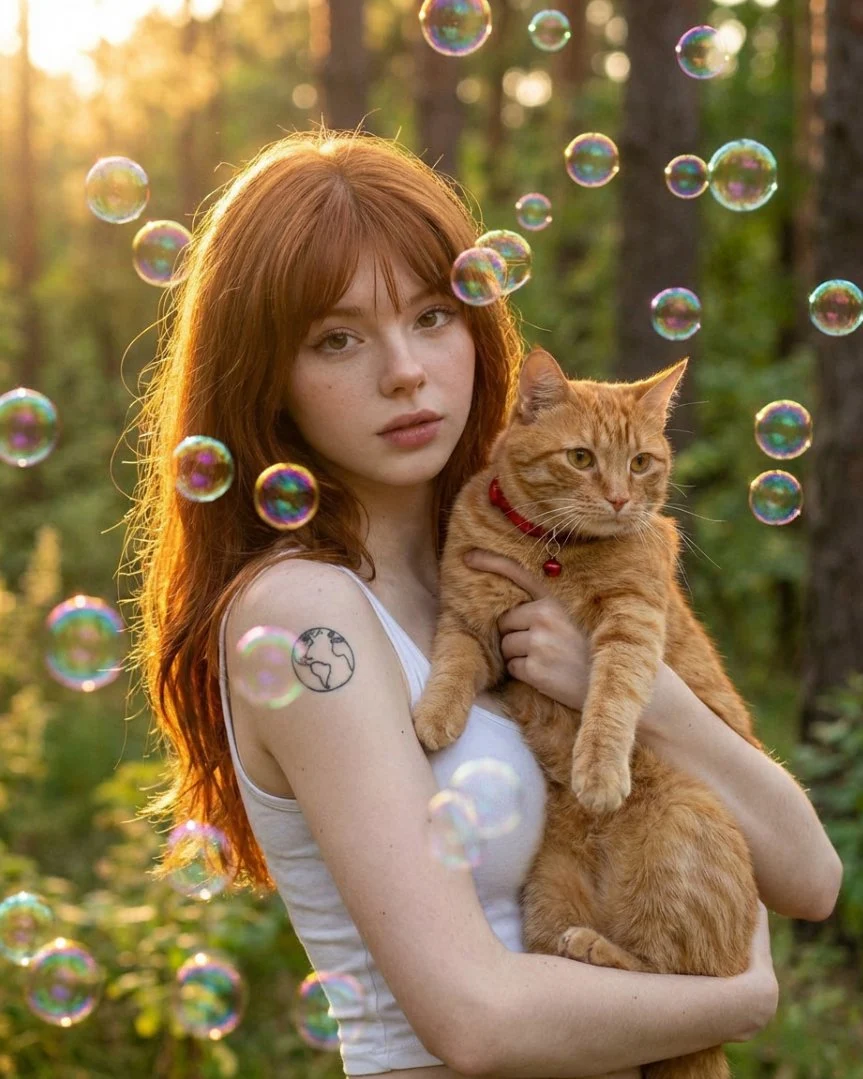 Retrato de un bosque soleado con un gato y burbujas.