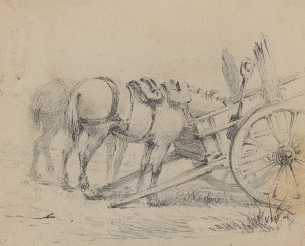 Horses eating from two wheeled cart