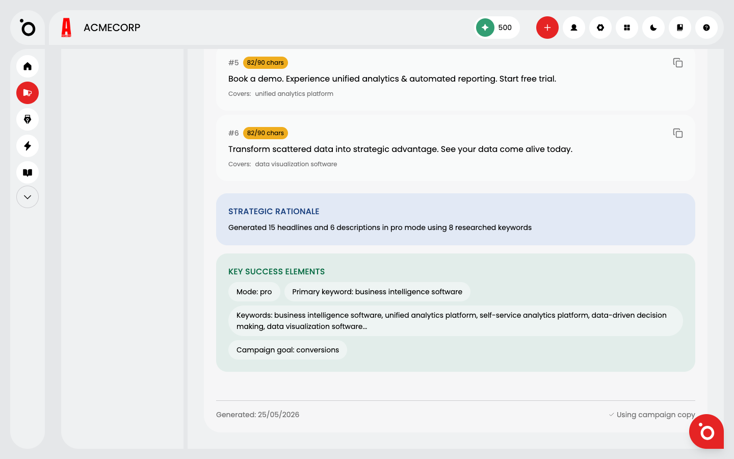 Descriptions with the Strategic Rationale and Key Success Elements panels