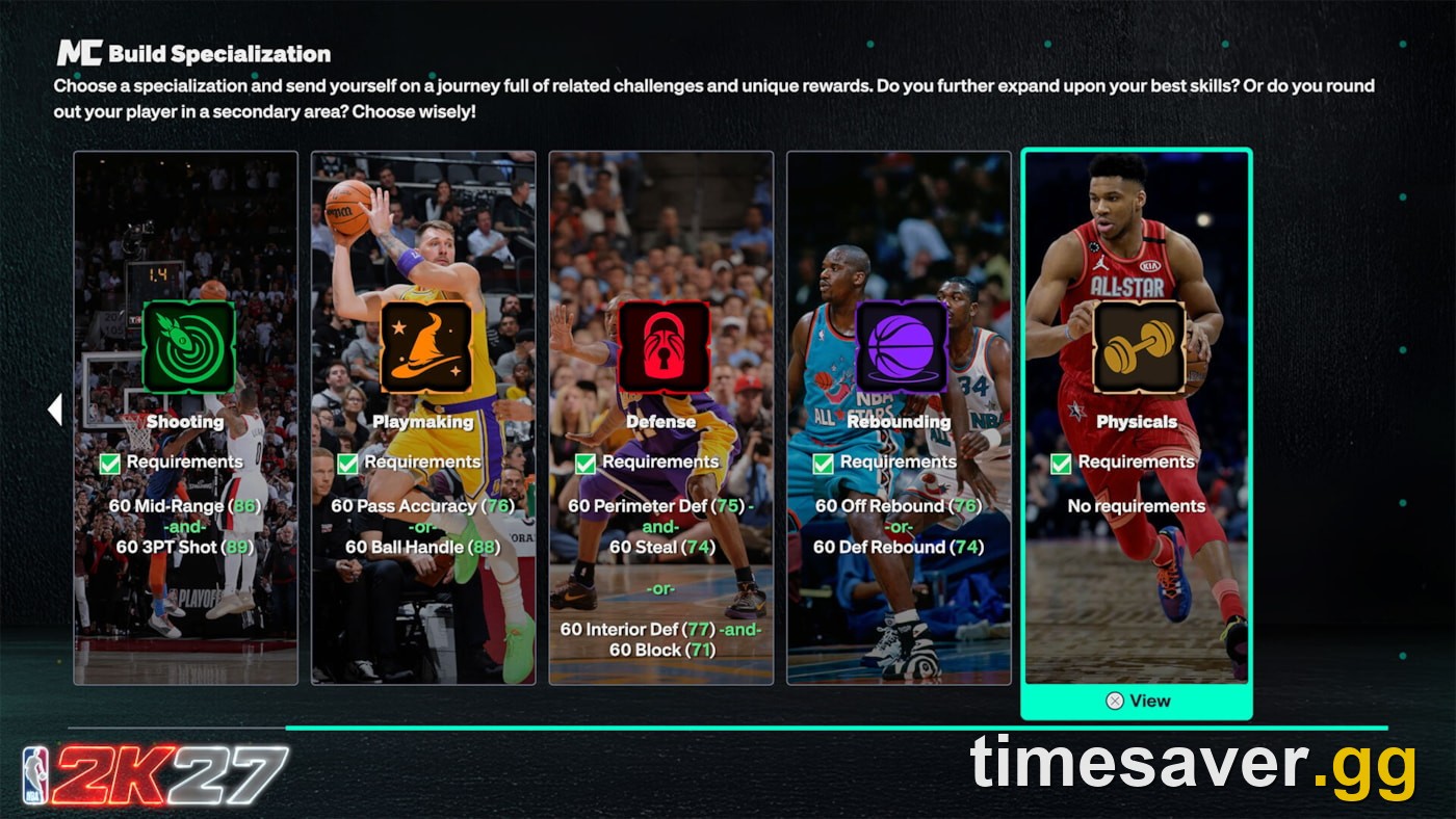 Official NBA 2K27 MyCAREER Build Specialization screen showing Shooting, Playmaking, Defense, Rebounding and Physicals archetypes