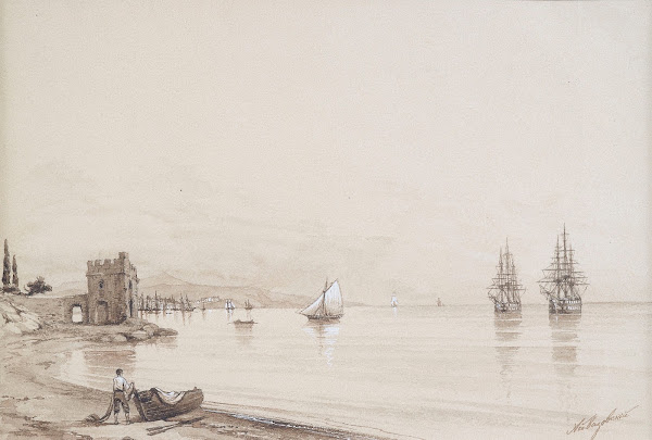 View of a bay with numerous sailing ships