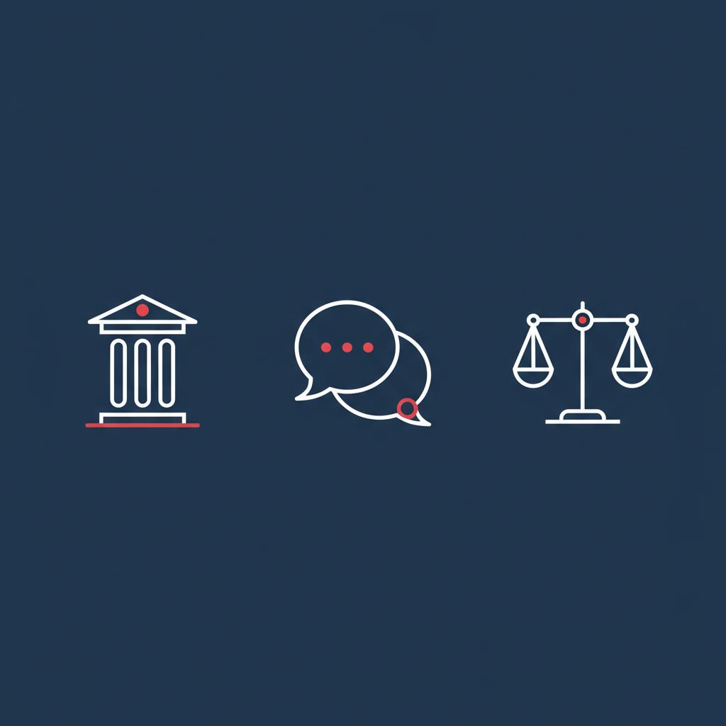 Minimal vector infographic with three icons law speech bubble and balanced scales representing freedom of expression in Michael Carbonara navy white and red accent palette