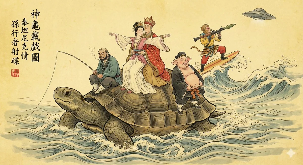 Pintura tradicional china estilo Gongbi con tinta que representa una tortuga gigante en un río turbulento, recreando con humor escenas icónicas de Titanic y otras historias clásicas.