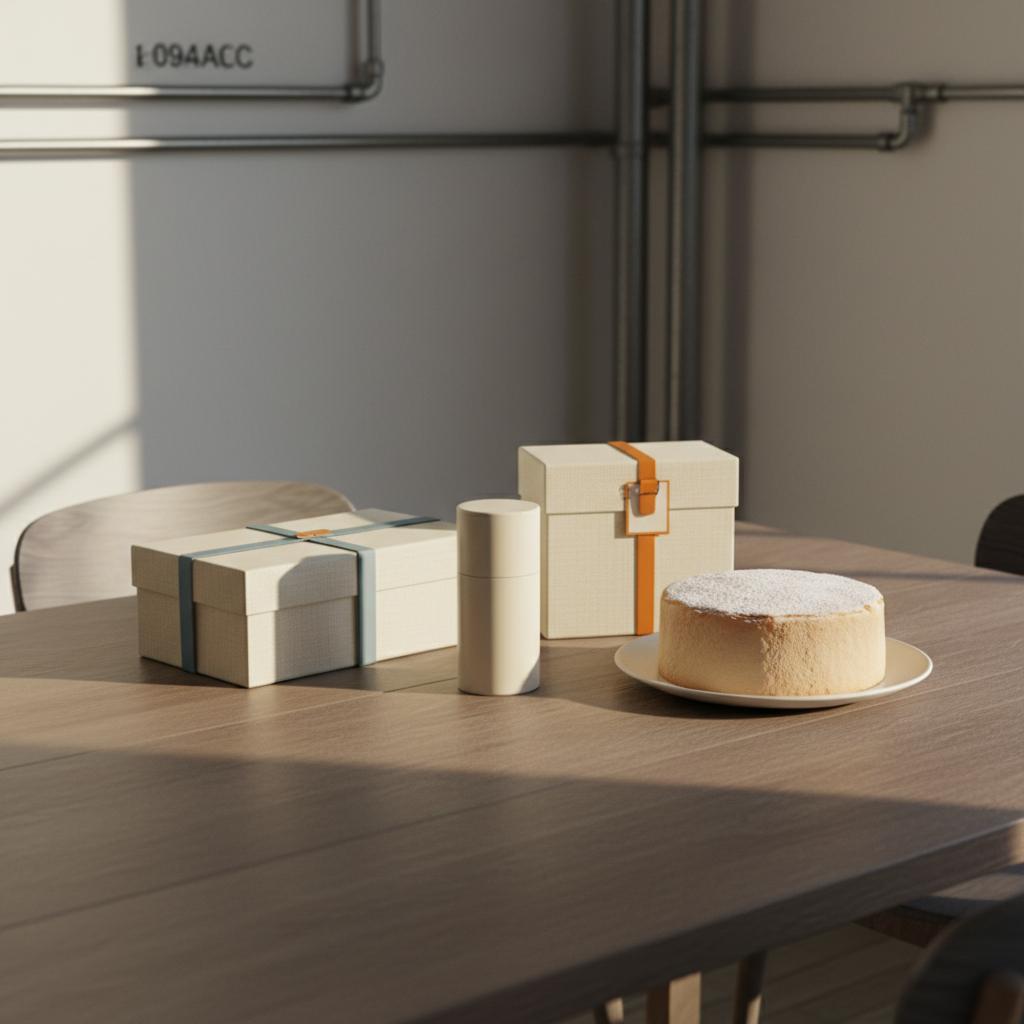 Nahaufnahme Esstisch mit Geschenkboxen und schlichter Vanilletorte in warmem Licht für Weinliebhaber, Betonung auf Holz- und Metalldetails, minimalistisches Setting.