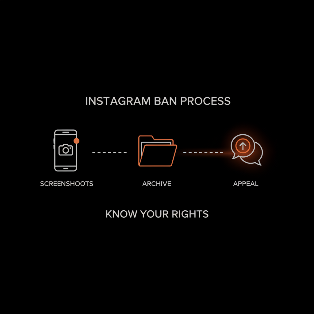 Minimal infographic for Instagram ban showing three vector icons: screenshots, archive folder, and appeal message bubble on a black background with grey and burnt-orange accents