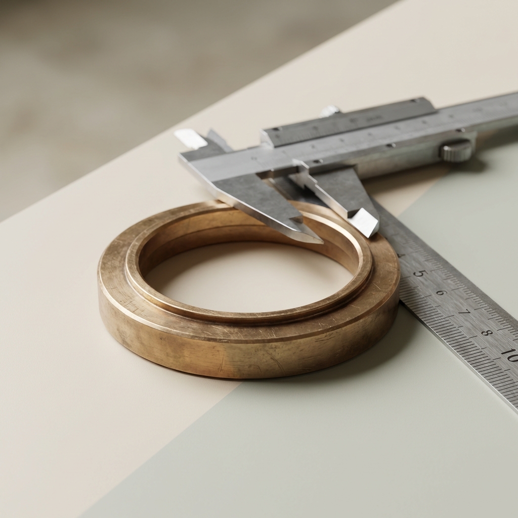Caliper measuring the internal diameter of a bronze antique viking ring on a neutral workbench with ruler visible minimalist studio photograph