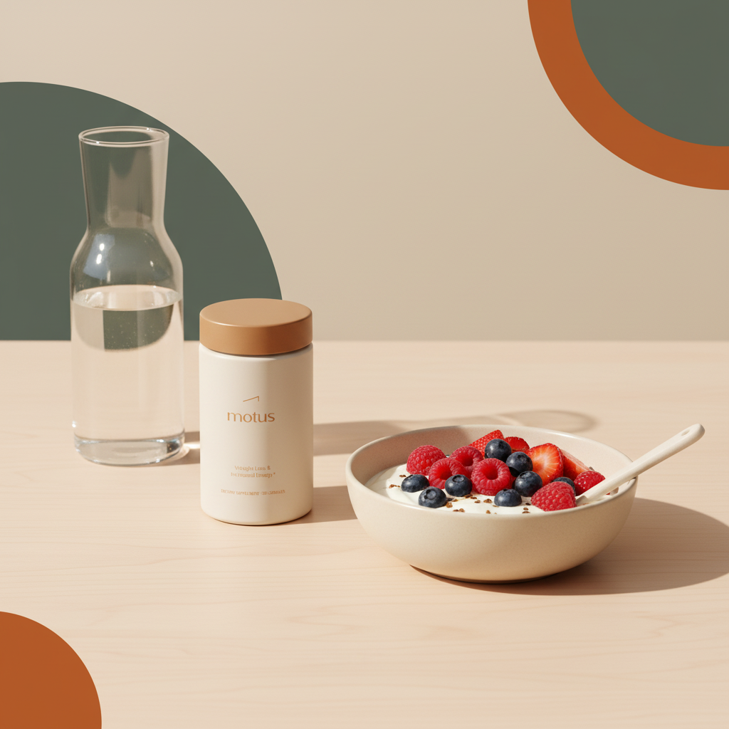 Minimal breakfast scene with Motus supplement bottle beside Greek yogurt and berries on a light table, highlighting best supplement for appetite control in a calm, minimalist Tonum style.