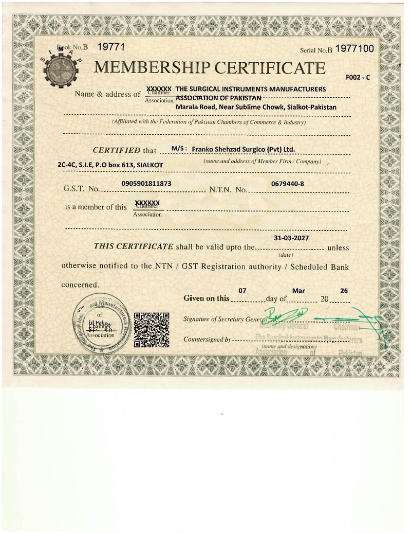 Surgical Instrument Manufacturers Association Certificate