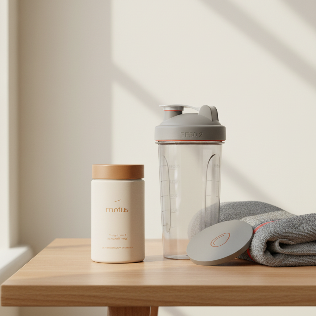 Minimalist post-workout scene with Motus supplement jar on a wooden table beside a shaker and folded gym towel, highlighting mass gainer belly fat and weight-loss routine.