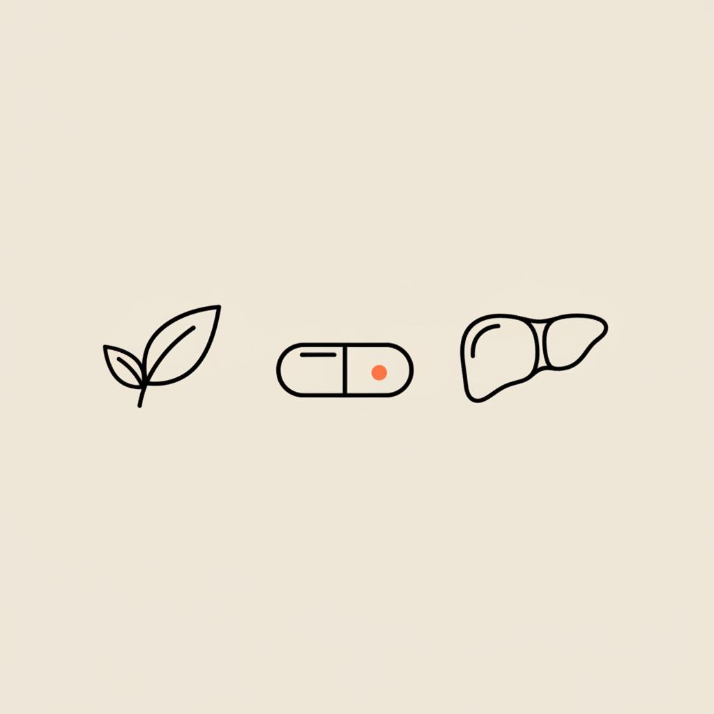 Minimal Tonum-style line illustration of a tea leaf, a capsule, and a stylized liver on beige background illustrating natural liver detox side effects