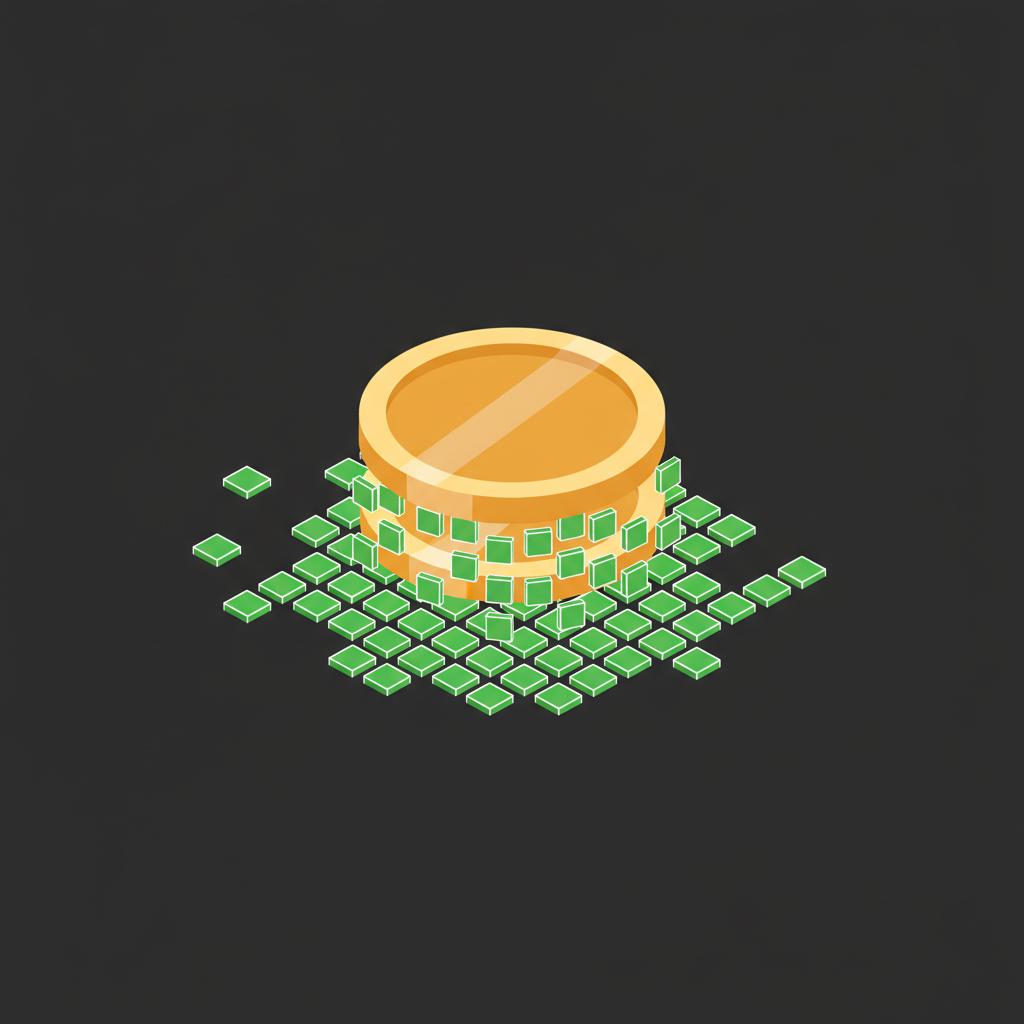 Minimalist 2D vector of a stacked gold coin morphing into many tiny squares representing sats on a dark backdrop showing how much is $100 in bitcoin