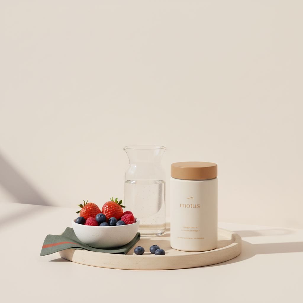 do fat losing pills work - Motus supplement container on a round wooden tray beside a glass carafe of water and a bowl of mixed berries on a Tonum #F2E5D5 background, minimalist morning routine.