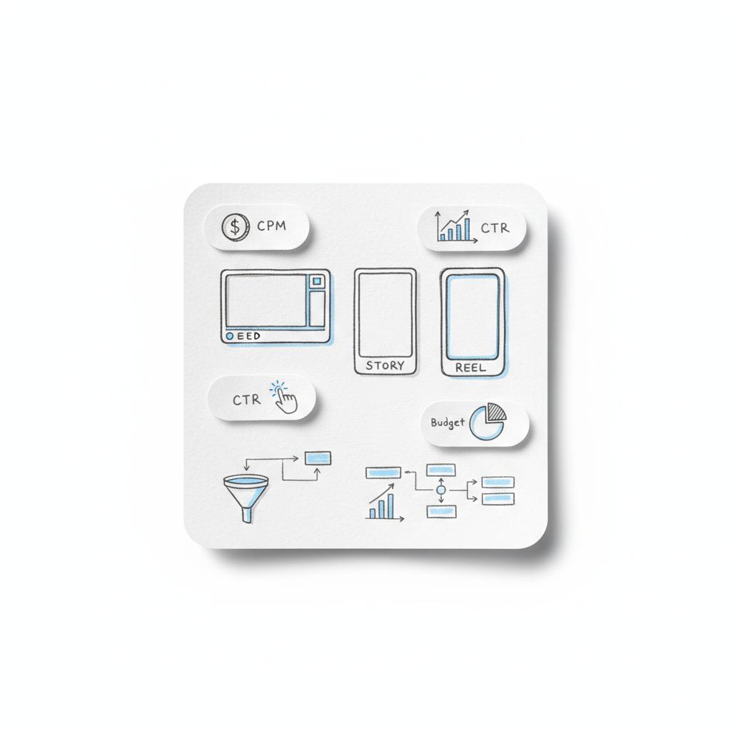 Notebook-style planner with sketched Facebook ad format icons and sticky-note icons for CPM and CTR, illustrating planning for How much do 1000 Facebook ads cost?
