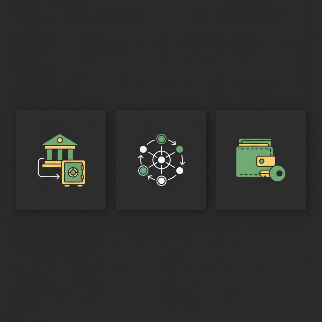 Minimalist 2D vector comparison of custody options centralized exchange DEX and noncustodial wallet for cryptocurrency trading app on dark background