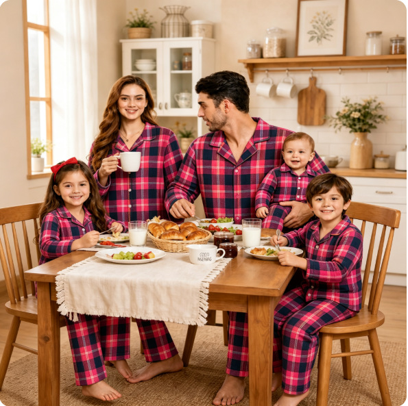 Family Pajama Set, checked, long-sleeve, with lapel