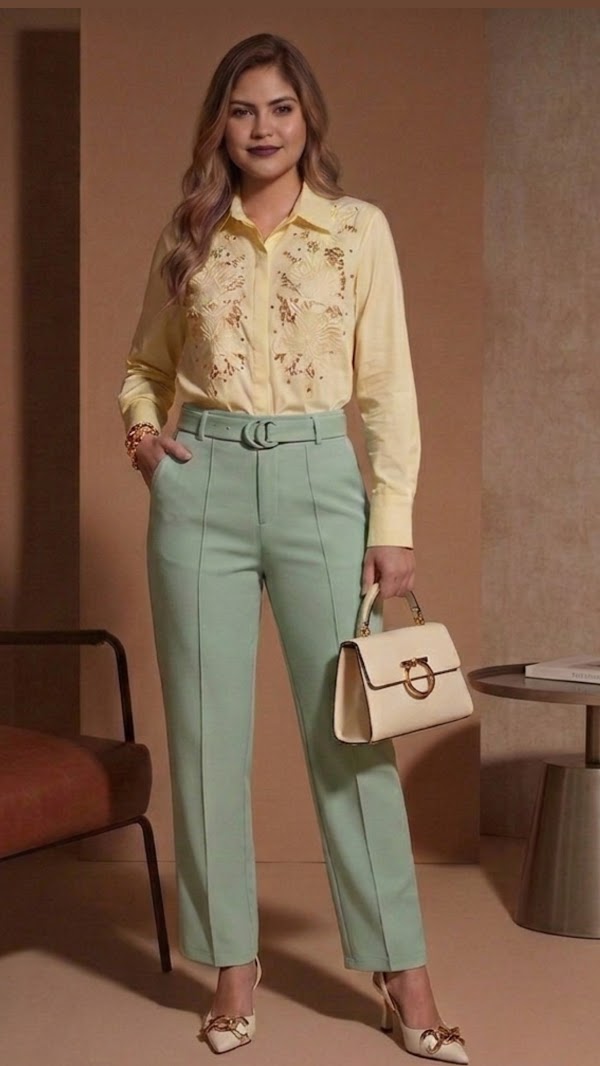Pantalón de Pinzas y Cinturón Verde Menta