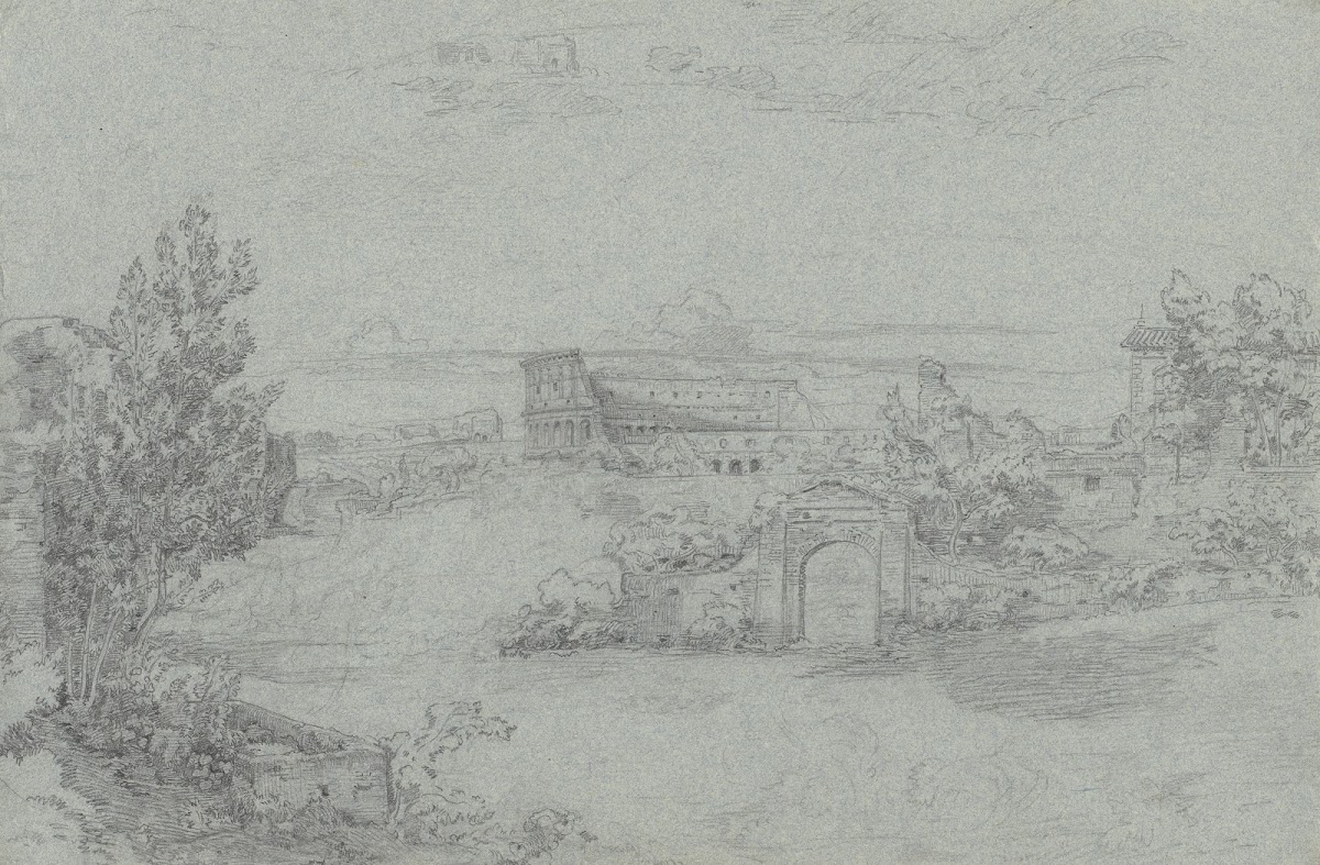 Landschaft mit Gebäuden und Ruinen darunter der eines Amphitheaters