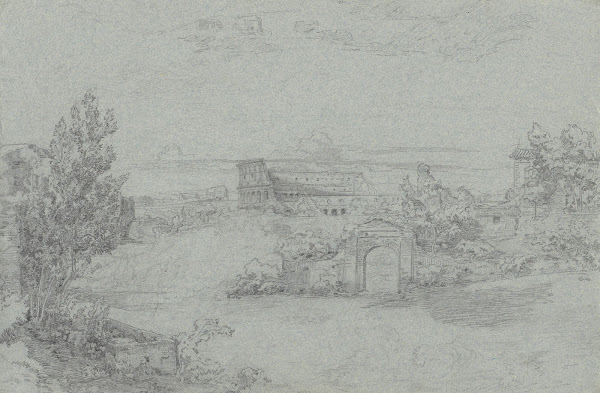 Landschaft mit Gebäuden und Ruinen darunter der eines Amphitheaters