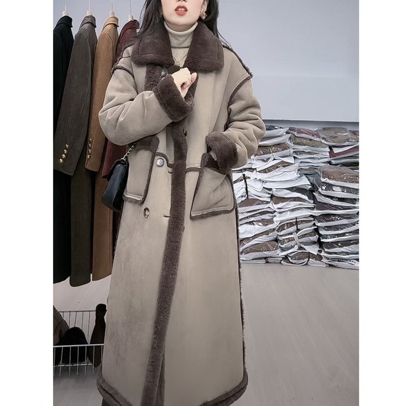 Lamb fleece coat for women, suede look, long