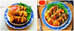 Khi ăn, rưới đều nước sốt lên cà tím. Món cà tím kẹp thịt chiên này ngoài phục vụ bữa chính thì còn thích hợp để dùng ăn chơi, ăn giữa buổi nữa đấy!
