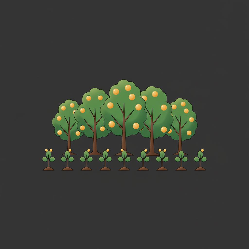 Minimal 2D vector orchard with three rows of young trees at varying growth stages on dark 0f0f0f background with green 4aa568 and accents e6bb5b representing contributions over time