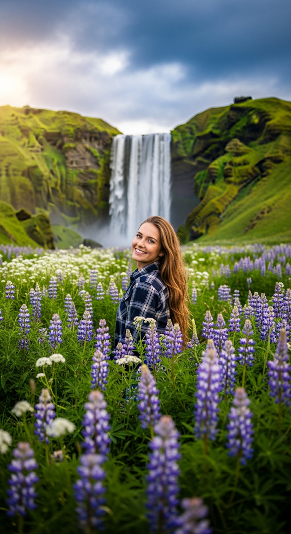 Portrait of a Smiling Woman in Wildflowers with Skógafoss Waterfall in the Background