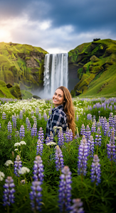 Portrait of a Smiling Woman in Wildflowers with Skógafoss Waterfall in the Background