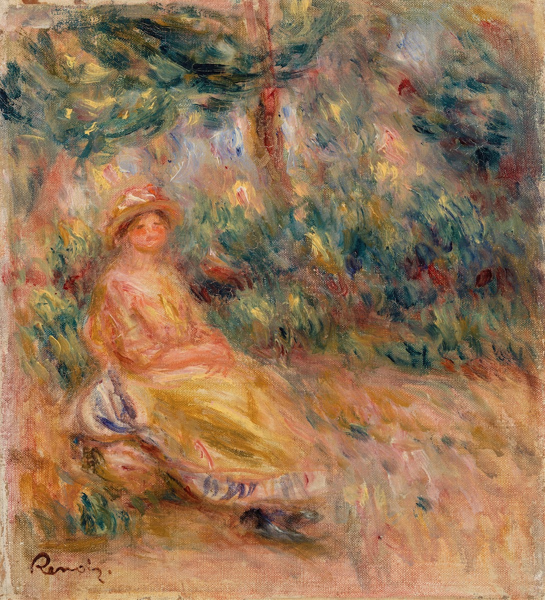 Woman in Pink and Yellow in a Landscape Femme en rose et jaune dans un paysage c