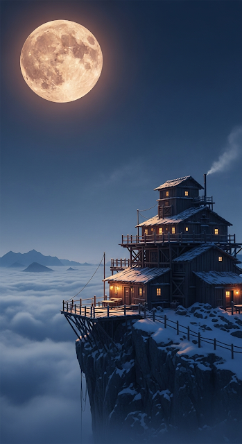 Sci-Fi Fantasy Cabin on Snowy Mountain Under Giant Full Moon - Free mobile Wallpaper