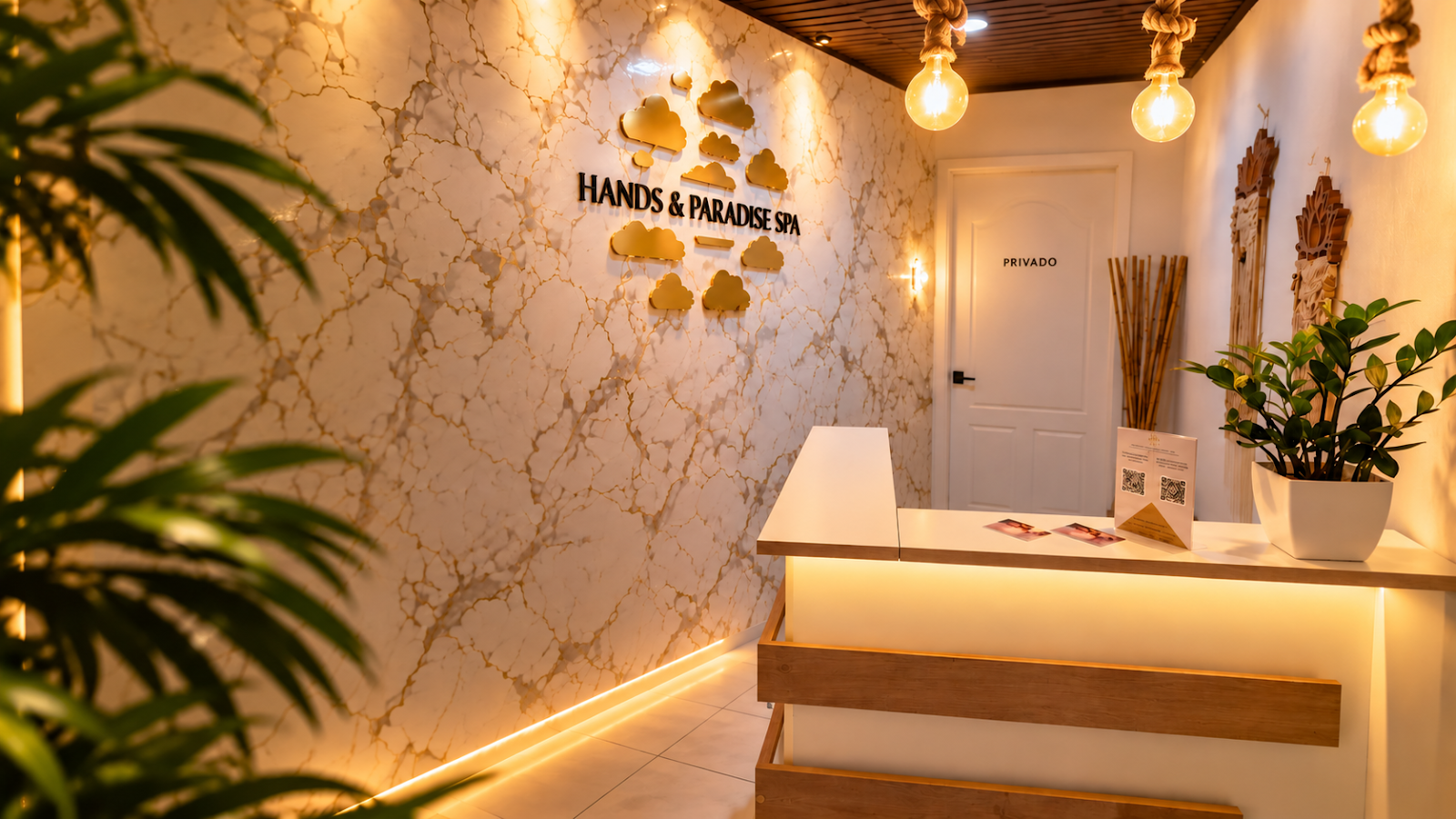 Ambiente relajante del spa Hands and Paradise con luz cálida y decoración de lujo