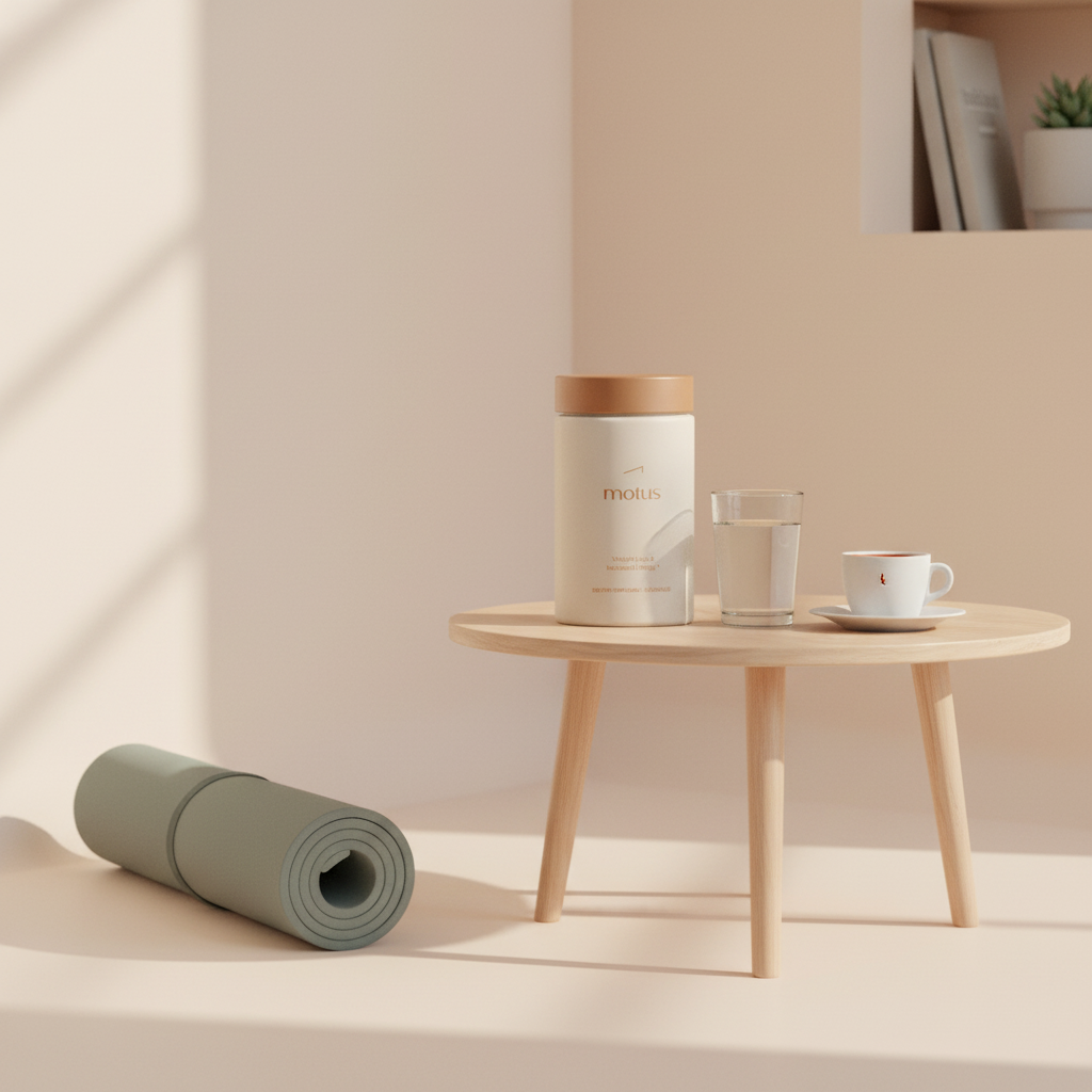 Minimalist scene with Tonum Motus supplement jar on a wooden table beside a meditation mat, glass of water and espresso cup, illustrating the downside to pre-workout