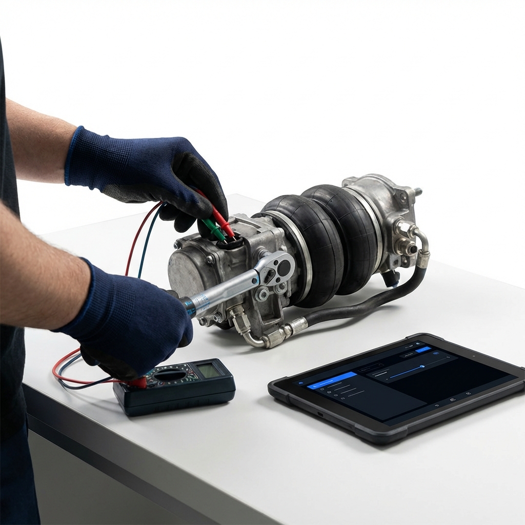 Close up of Range Rover air suspension module inspected by a technician with diagnostic tools on white background used range rover for sale