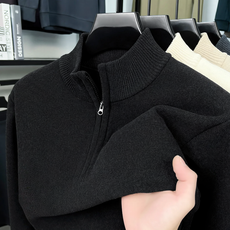 Warm men's knit sweater with lining and zipper