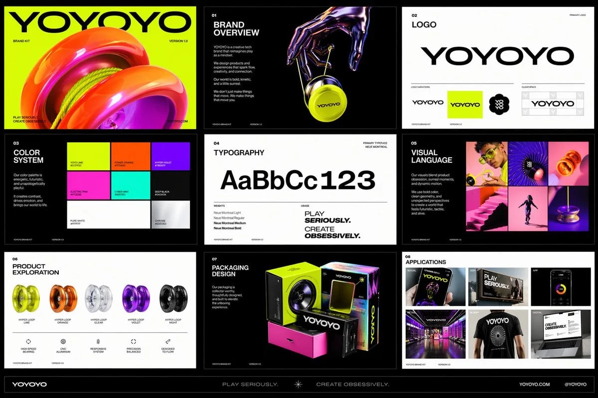 Crea un kit de marca pulido de varias páginas (con varias imágenes) para una empresa llamada [YOYOYO].