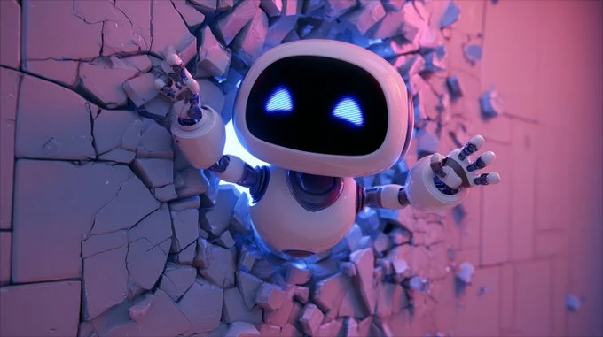 Dibujo animado en 3D de un personaje feliz que descompone un objeto con una habilidad especial, al estilo Pixar.