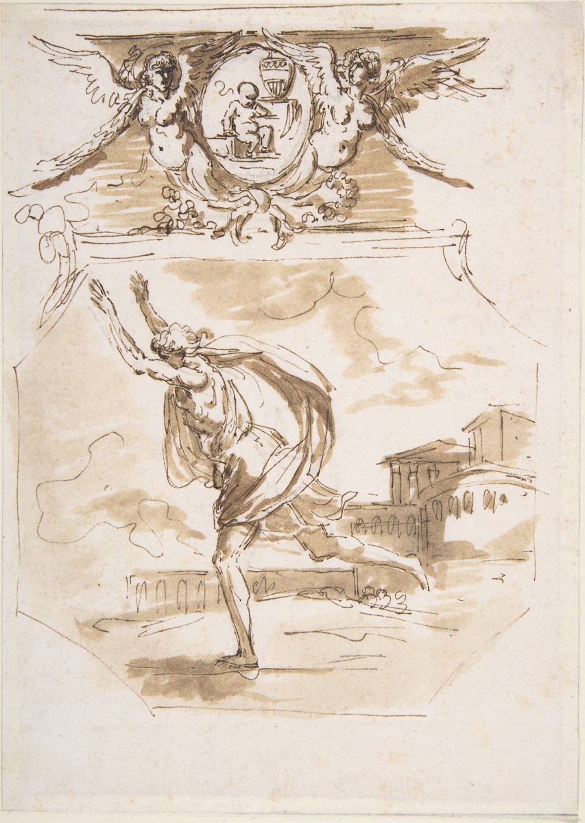 Draped Man Running Cartouche Supported by Two Winged Victories 18th century
