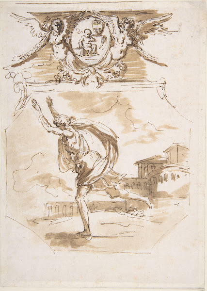 Draped Man Running Cartouche Supported by Two Winged Victories 18th century