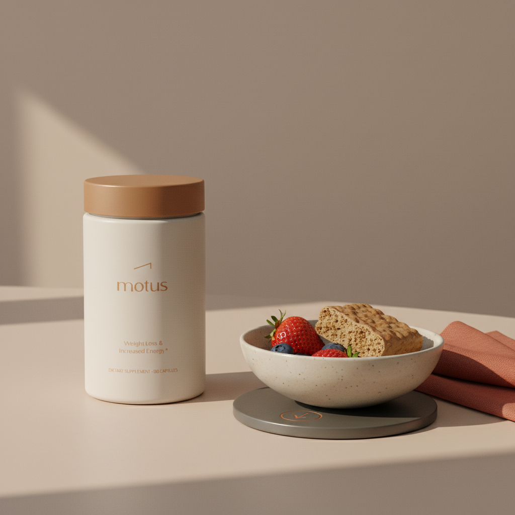 Close-up of Tonum Motus jar beside a bowl with a split meal replacement bars and fresh berries on a neutral table, soft morning light, minimalist health and weight-loss scene.
